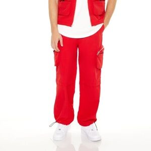 Toggle Drawstring Cargo Joggers in cherry red